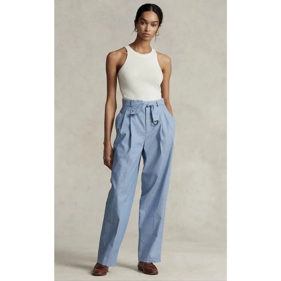 Polo Ralph Lauren Chambray Belted Wide Leg Pants Blue Women's New $348 Size 12 - Picture 1 of 16